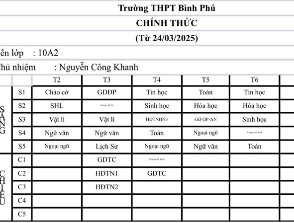 Thời Khóa Biểu 10A2